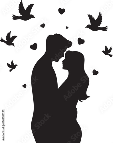 Husband and Wife on Cycle with Heart Shaped Balloons Vector Illustration