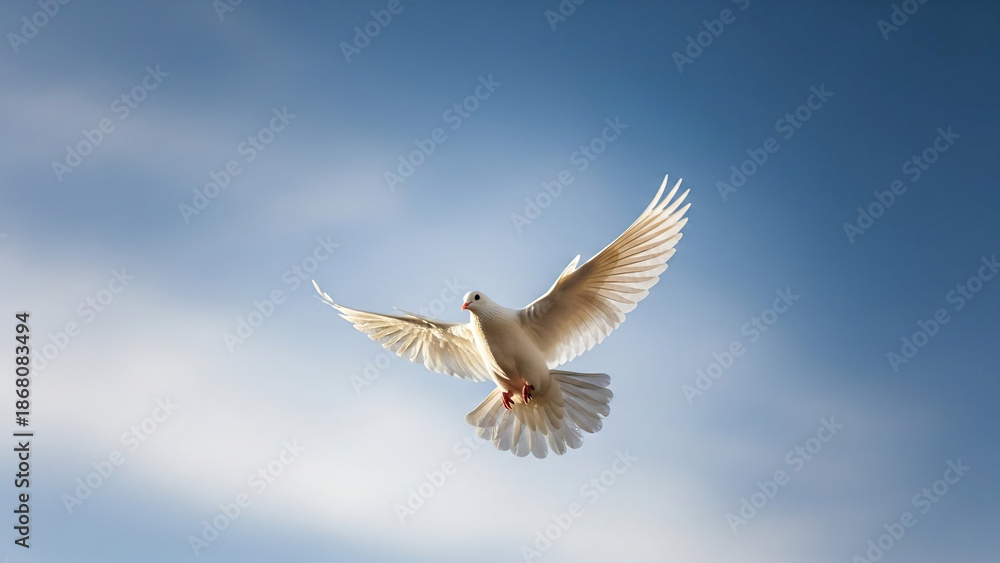 Obraz premium White dove flying against a blue sky with soft clouds 
