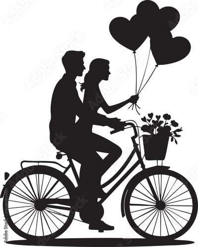 Husband and Wife on Cycle with Heart Shaped Balloons Vector Illustration