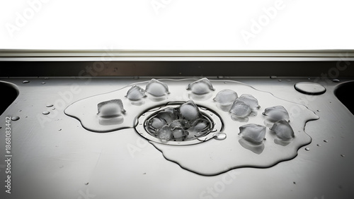 Melted ice cubes on steel sink isolated on PNG background.