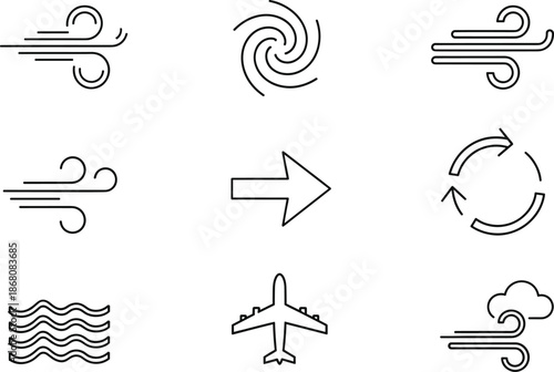 Set of air, wind, motion, and weather icons including vortex, swirl, airplane, cloud, arrows, and environmental vector symbols.
