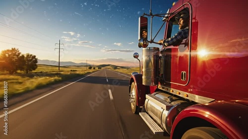 Red Semi Truck Drives Down Highway into Sunrise with Smiling Driver in the Cab on Sunny Day