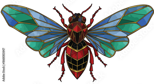Artistic stained glass wasp illustration with colorful mosaic wings.