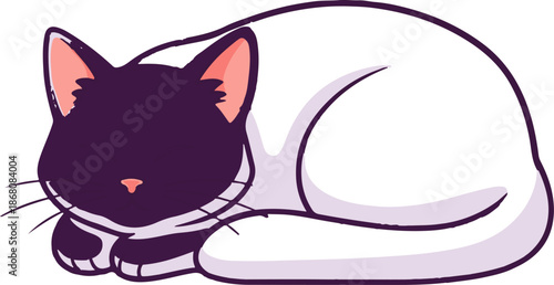 A cute, cartoon Siamese cat peacefully sleeping curled up on a white background