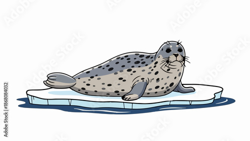 A cute cartoon seal lounges on a piece of ice floating in water