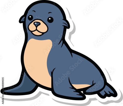 A cute cartoon seal pup sits on a white background, with a gray shadow
