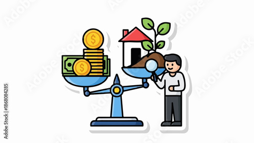 A person evaluates the value of money against a growing house