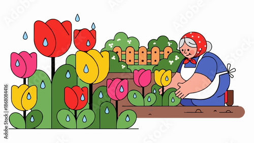 A grandmother tending to a vibrant garden of blooming tulips under a gentle rain