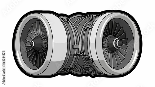 A graphic illustration of a twin jet engine with detailed internal components and external casing