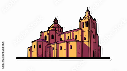 A graphic illustration of a grand cathedral with domes and towers