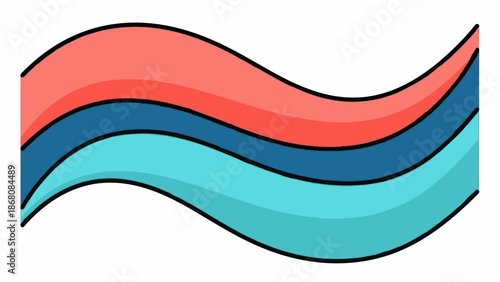 A graphic illustration depicts three wavy, horizontal bands of color coral, dark blue, and teal