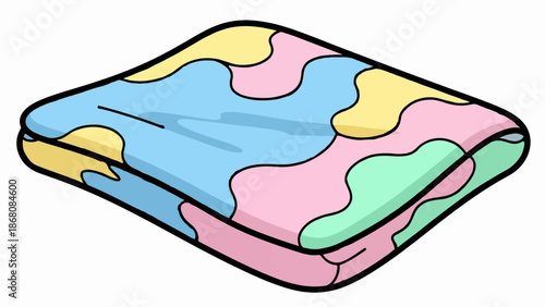 A folded, soft blanket with a colorful, abstract pattern in pastel shades