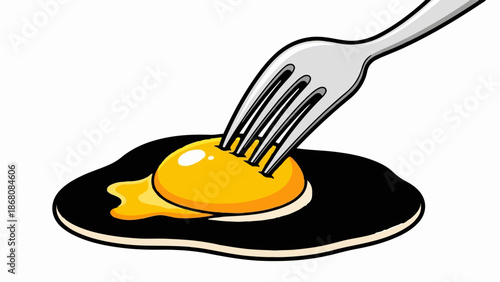 A fork pierces the bright yellow yolk of a fried egg on a black surface
