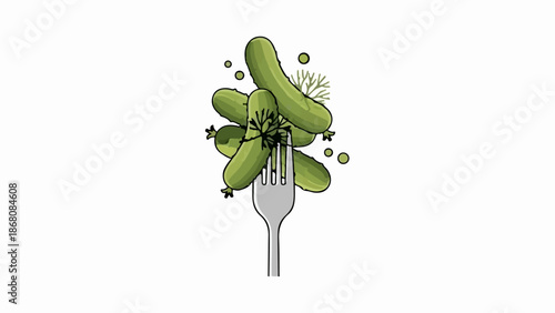 A fork holds a pile of pickles, some with dill, on a white background