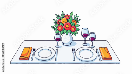 A formal dining table is set for two with place settings, wine glasses, and a floral centerpiece