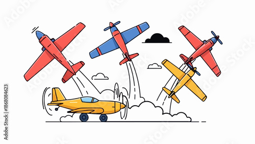 A formation of vintage-style propeller planes in red, yellow, and blue soar against a white sky