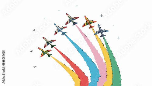A formation of jets streaks across a white sky, leaving vibrant, colorful smoke trails behind