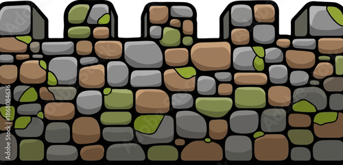 A fortified stone wall with crenellations, featuring irregularly shaped rocks of varied earth tones and mossy green patches