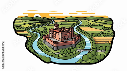 A fortified castle sits on an island surrounded by a winding river and green fields under a sunset