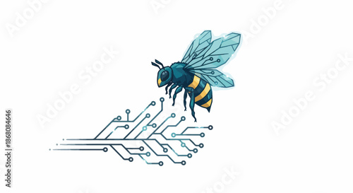Digital Bee Flying Over Circuit Board Technology Concept.