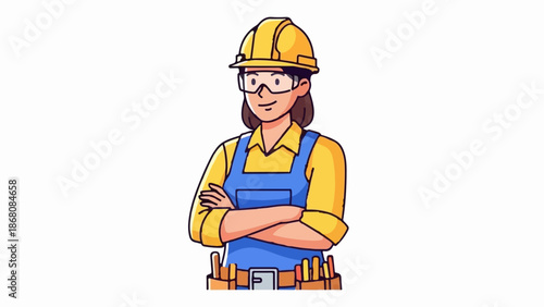 A friendly cartoon construction worker in yellow hard hat, blue overalls, and tool belt