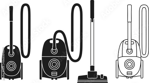 Set of canister vacuum cleaner icons in black and white, household appliance, cleaning equipment, minimal vector style, silhouette illustration