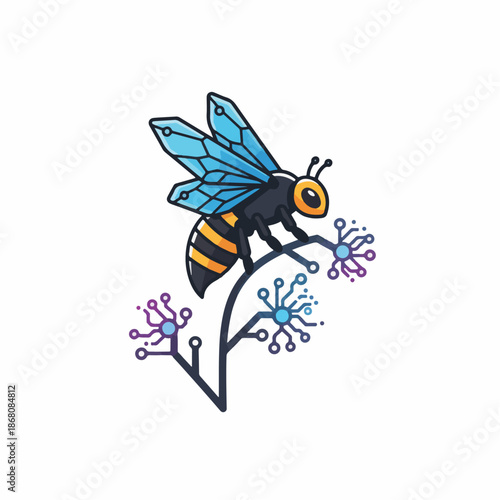 Futuristic robotic bee with translucent blue wings on a circuit branch.