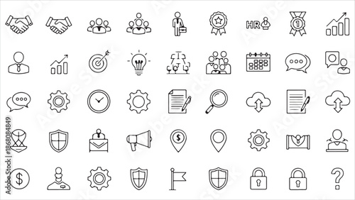 Set of Business Audit, Startup Strategy and Employee Line Icons – Management, Teamwork and Organization Vector.eps