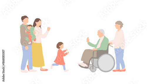 孫家族が高齢の祖父に会いに来る三世代家族の再会イラスト