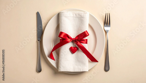 Romantic table setting with heart decoration on plate and cutlery