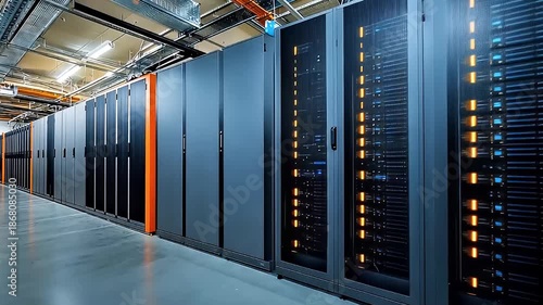 Modern Data Center Server Racks Illuminated With Orange Lights And Blue Digital Displays Create A Network Infrastructure For Technology And Computing