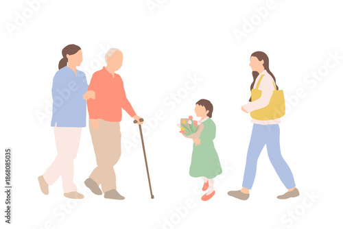 祖父に花を渡す孫と三世代家族の穏やかな外出シーンイラスト