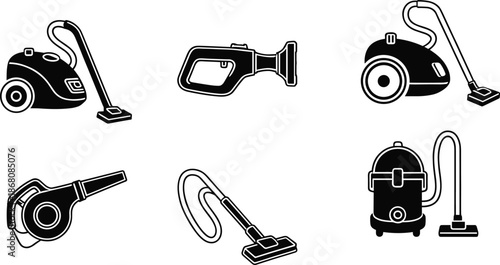 Set of six black and white vacuum cleaner icons showing various types for cleaning, hygiene, home maintenance, and equipment identification