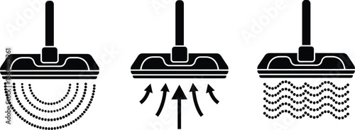 Set of Three Mop Head Icons Showing Scrubbing, Suction, and Wet Cleaning Functions for Multifunctional Floor Cleaning Device Concepts
