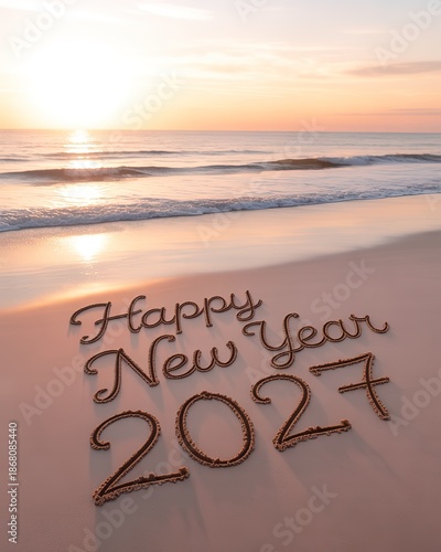 Sunrise Beach Welcomes 2027 New Year Celebration on Smooth Sand with Elegant Script Typography and Warm Sunset Hues