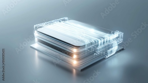 Cross-section of a next-generation solid-state battery, revealing its layered, crystalline structure, glowing with stored potential energy, clean laboratory environment, macro photography, 