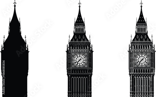 Silhouette and detailed vector of Big Ben clock tower London landmark with Roman numerals for travel, architecture, and tourism design
