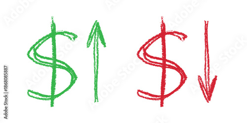 Hand drawn dollar currency symbol Growth and fall profit with arrow up and down Brush stroke doodle Element for design