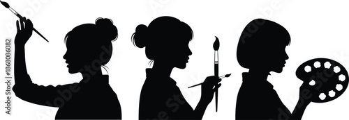 Silhouette artists painting with brushes and palette, creative teamwork illustration representing art, design, imagination, creativity, collaboration, and inspiration