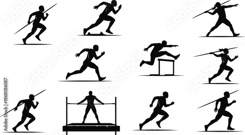 Silhouette athletes running, hurdling, javelin throwing, sprinting, high jump, track and field sports, competition, training, fitness, performance vector illustration