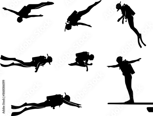 Scuba diver silhouettes set. Vector illustration of divers in various underwater poses, including swimming, descending, and jumping. Professional diving equipment icons isolated on white background fo