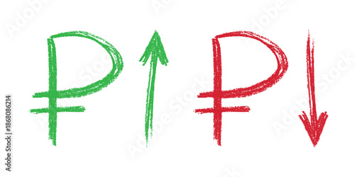 Hand drawn russian ruble currency symbol Growth and fall profit with arrow up and down Brush stroke doodle Element for design