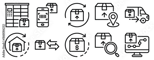 Last mile and reverse logistics icon set line style representing delivery returns shipping supply chain and ecommerce logistics systems.
