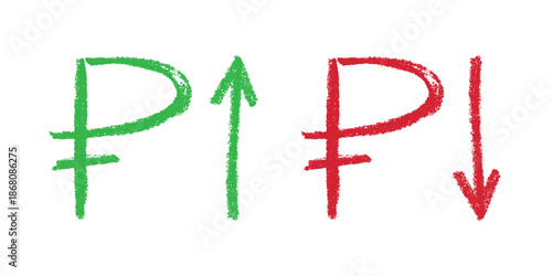 Hand drawn russian ruble currency symbol Growth and fall profit with arrow up and down Brush stroke doodle Element for design