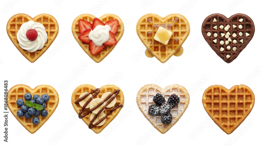 custom made wallpaper toronto digitalHeart shaped waffles set including toppings of raspberry, strawberry, butter, chocolate, blueberry, banana, and blackberry isolated. Sweet breakfast and dessert collection.
