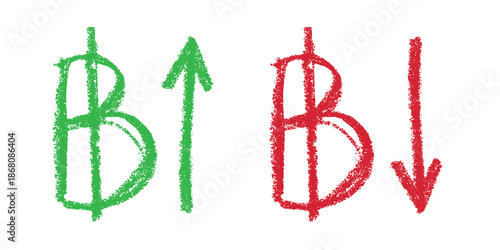 Hand drawn thai baht currency symbol Growth and fall profit with arrow up and down Brush stroke doodle Element for design