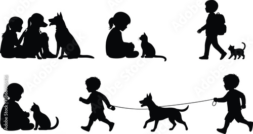 Silhouette children playing with dogs and cats, walking pets, running, sitting, bonding, friendship, family love, animal care, companionship illustration
