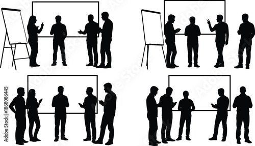 Silhouette business team discussion with flip chart, whiteboard presentation, meeting collaboration vector for seminar, training, and communication themes