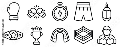 Boxing and fitness icon set line style illustrating training workout strength and combat sports activities for gym fitness and sports design.