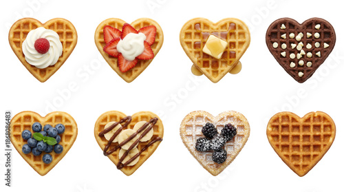 Wallpaper Mural Heart shaped waffles set including toppings of raspberry, strawberry, butter, chocolate, blueberry, banana, and blackberry isolated. Sweet breakfast and dessert collection. Torontodigital.ca
